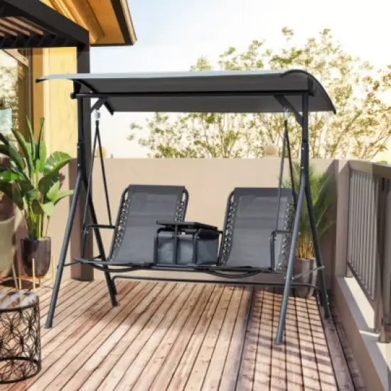 Syemin Patio Swings 2-Seat Patio Swing Chair, Outdoor Canopy Swing Glider with Storage Table, Seat Suspension, Gray, 69.25"*43.25"*64.5" image {1}