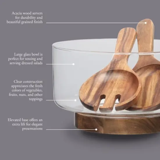 Gibson Elite Wildgreens Large Glass Salad Bowl Set with Acacia Serving Utensils image {8}