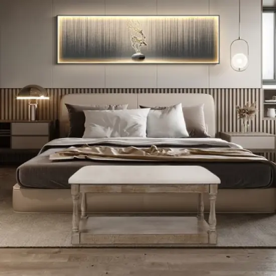 LuxenHome Upholstered Beige Linen Entryway and Bedroom Bench. image {1}