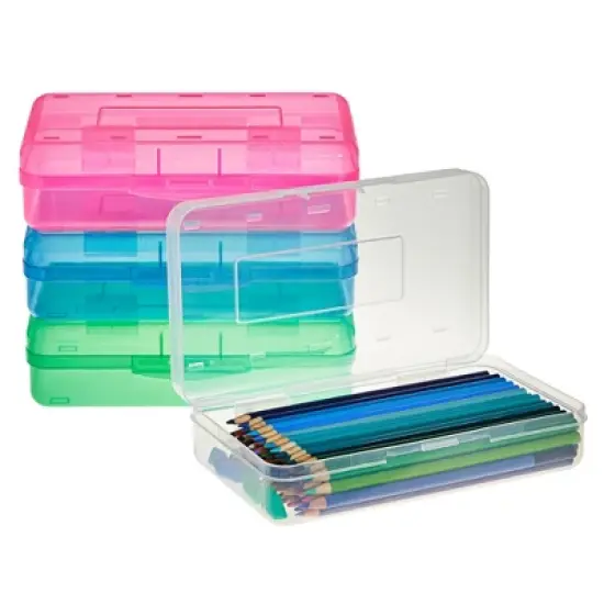 Juvale 4 Pack Clear Plastic Pencil Cases Boxes for Kids, Art Supplies, 4 Assorted Colors, 8.1 x 4.8 x 2.4 in image {9}
