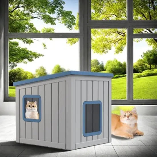SEVOBAL Pet Crates and Houses Slanted Roof Pet House Two Entry Doors Rain Protection Simple Setup for Indoor Outdoor Use, Blue, 24.65"*21.5"*22.21" image {3}