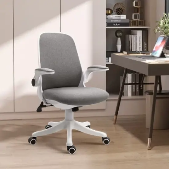 Vinsetto Linen-Touch Fabric Office Desk Chair Swivel Task Chair with Adjustable Lumbar Support, Height and Flip-up Padded Arms image {2}