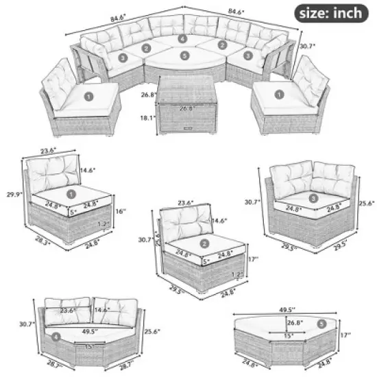 9-Piece Outdoor Patio Sectional Sofa Set with Coffee Table, Free Combination image {1}