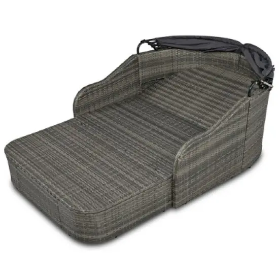 Outdoor Sunbed, Patio PE Rattan Daybed, Upholstered Chaise Lounger with Adjustable Canopy - ModernLuxe image {9}