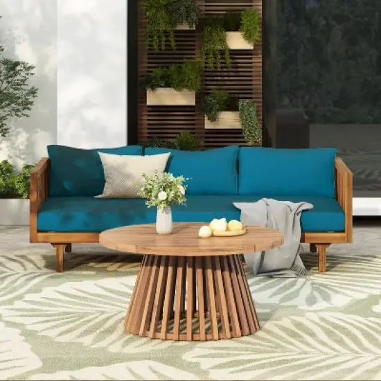 FIONECA Claremont 3-Seater Patio Daybed with Blue Cushions and Acacia Wood Coffee Table, Outdoor Furniture Set image {11}