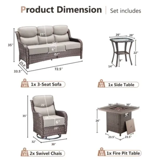 Gymojoy 5 Pieces Outdoor Patio Wicker Sofa Swivel Chair with 6 Inch Cushions and Fire Pit Table image {1}