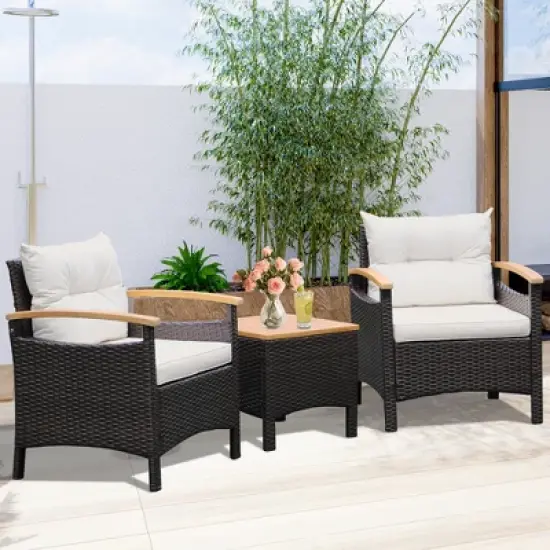 Tangkula 3PCS Patio PE Rattan Conversation Furniture Set Bistro Set Acacia Wood Tabletop image {3}
