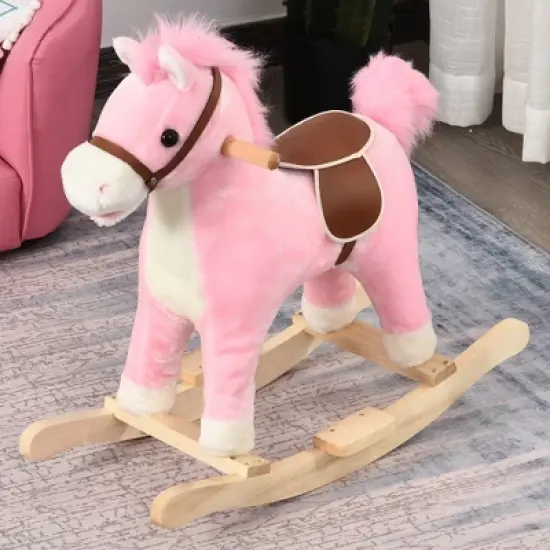 Qaba Rocking Horse Plush Animal on Wooden Rockers with Sounds, Wooden Base, Baby Rocking Chair for 36-72 Months image {2}