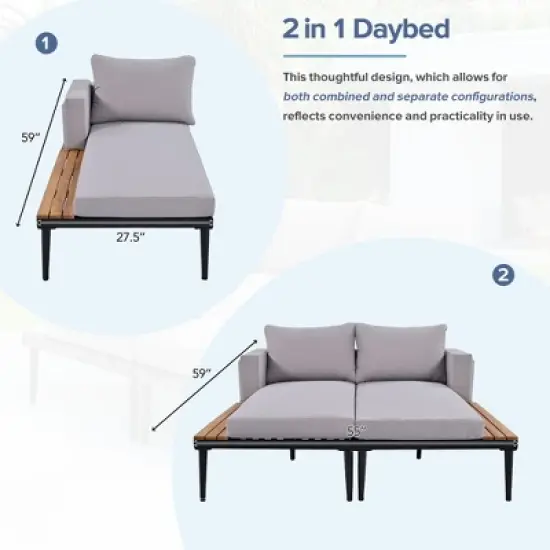 Gulches Modern Outdoor Daybed Patio Metal Daybed with Wood Topped Side Spaces for Drinks, 2 in 1 Padded Chaise Lounges for Poolside, Balcony, Gray image {5}