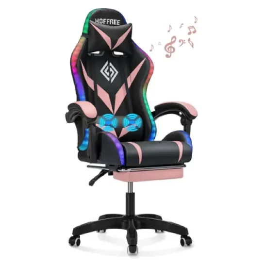 Hoffree Upholstered Massage Gaming Chair Smart Value Ergonomic Office PC Chair with Bluetooth Speaker & RGB Light image {13}