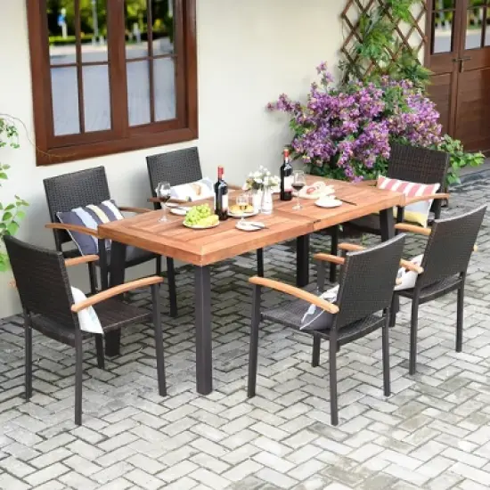 Costway 7PCS Patio Rattan Dining Set Acacia Wood Table Top Stackable Chairs image {2}
