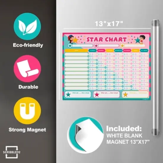 SCRIBBLEDO Magnetic Reward Chart for Kids 13"x17" Blank Dry Erase Magnet with 6 Markers & Eraser image {3}