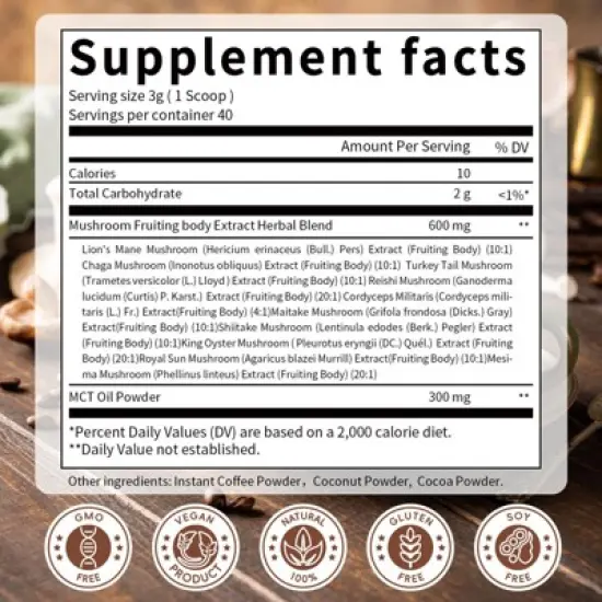 GPGP GreenPeople Mushroom Coffee with Lion's Mane, Shiitake and More, 10 in 1 Formula, 4.2 oz (120g) image {5}