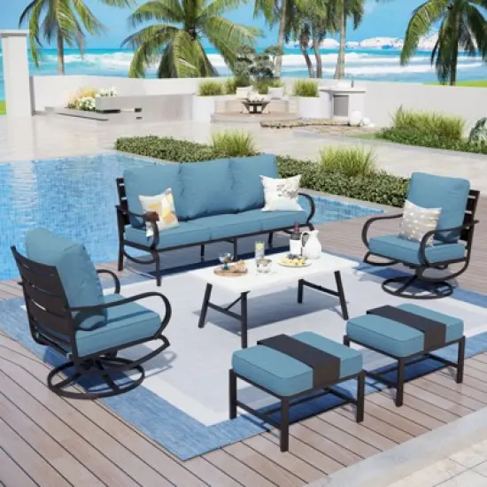 Captiva Designs 6pc Metal Patio Furniture Conversation Set with Swivel Chairs and Ottomans for Garden Porch Backyard image {10}