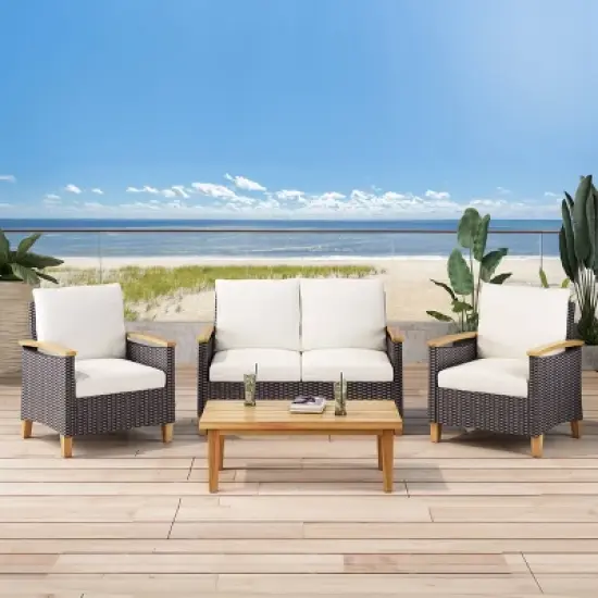 Isla Outdoor 4 Seater Chat Set with Coffee Table - Brown/Beige/Teak - Christopher Knight Home image {1}