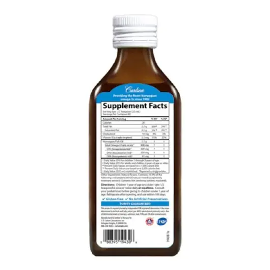 Carlson - Kid's The Very Finest Fish Oil, 800 mg Omega-3s, Norwegian, Wild Caught, Sustainably Sourced, Just Peachie, 200 mL (6.7 fl oz) image {1}