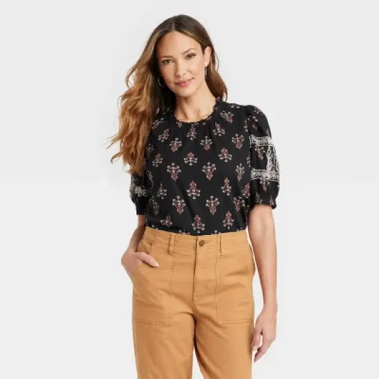 Women's Short Sleeve Embroidered Blouse - Knox Rose&trade; Black image {3}