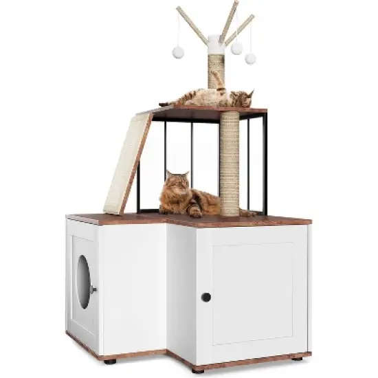 Cat Tree Litter Box Enclosure Hidden Litter Box, Large Tall Cat Tower for Indoor Cats Large Adult with Scratching Post, Hanging Balls for Pets image {8}