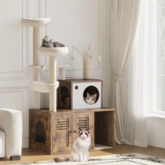 Multi-Level Cat Tree w/Hidden Litter Box - 3-in-1 Tower w/Condo, Hammock & Scratching Posts image {7}