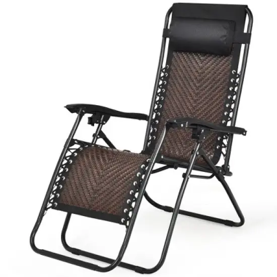 Costway Patio Rattan Zero Gravity Lounge Chair Chaise Folding Recliner W/Headrest Brown\Mix Brown image {1}