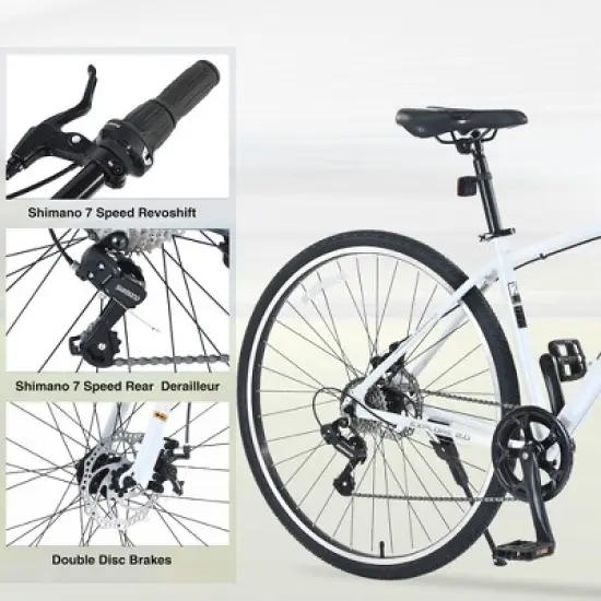 NAYSAYE Bicycle 7 Speed Hybrid Bike Aluminum Frame Double Disc Brakes for City Adventures, White, 64.57"*25.19"*37.79" image {3}