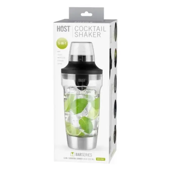 HOST All in One Cocktail Shaker Set|5 in 1 Tool - Jigger Cap|Strainer|Reamer|Stainless Steel Bottle Opener and Oz and mL Markers 18 oz Capacity, Clear image {9}