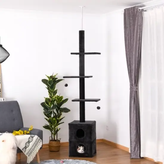PawHut Cat Tree Floor to Ceiling Condo w/ Jute Scratching Post Dangling Ball Adjustable 86.5" H -96.5" H image {2}
