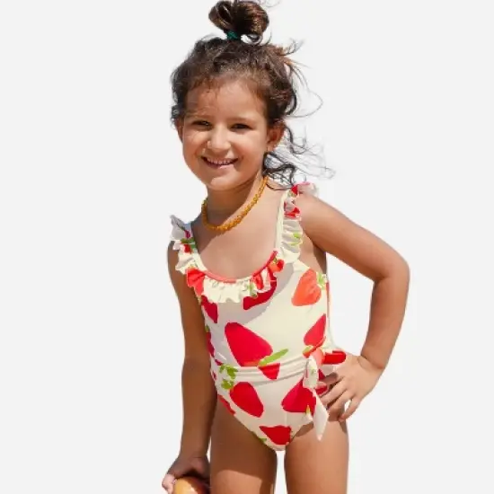 Girls' Ruffled Belted One Piece Swimsuit - Cupshe - White/Red image {5}