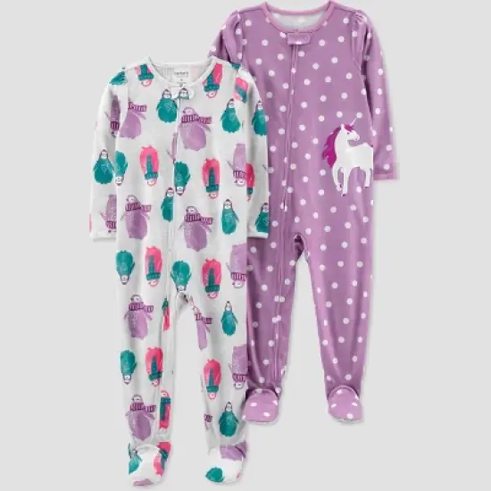 Carter's Just One You&reg;️ Toddler Girls' 2pk Penguins and Polka Dot Unicorn Footed Pajama - Gray/Purple image {3}