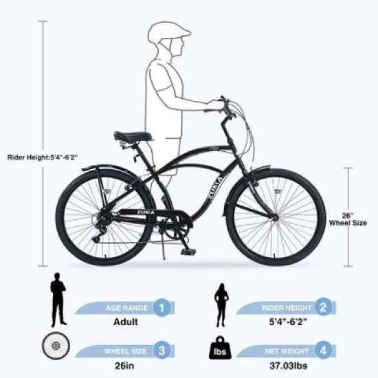 NAYSAYE Bicycle 26 Inch Beach Cruiser Bike 7 Speed Steel Frame for Relaxed Outdoor Riding, Black, 69.96"*28.32"*43.2" image {2}