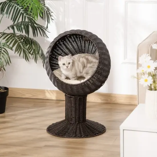 PawHut 27" Hooded Wicker Elevated Cat Bed Rattan Kitten Condo Round with Cushion image {2}