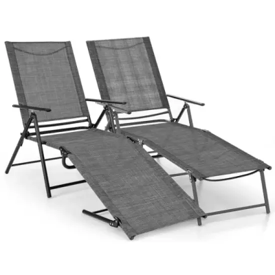 Costway 2 Piece Patio Folding Chaise Lounge Chairs with 6-Level Backrest Reclining Chairs Tan/Black/Grey image {11}