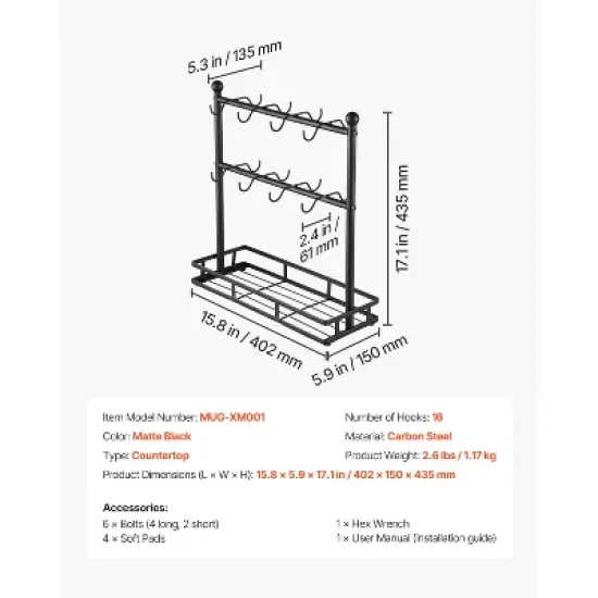 VEVOR Coffee Mug Holder for Countertop, 16 Hooks Coffee Cup Holder with Storage Base, 2 Tier Carbon Steel Mug Display Stand, Matte Black image {7}