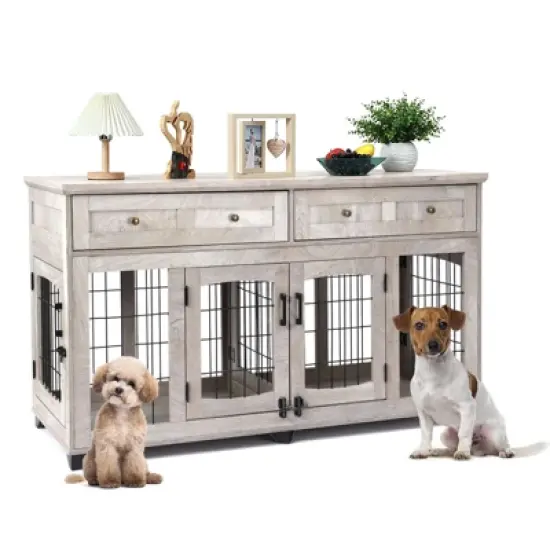 Dog Crate Furniture with 5 Doors, 58" Wooden Dog Kennel End Table with Large Capacity Drawers, Dog House with Openable Divider image {7}