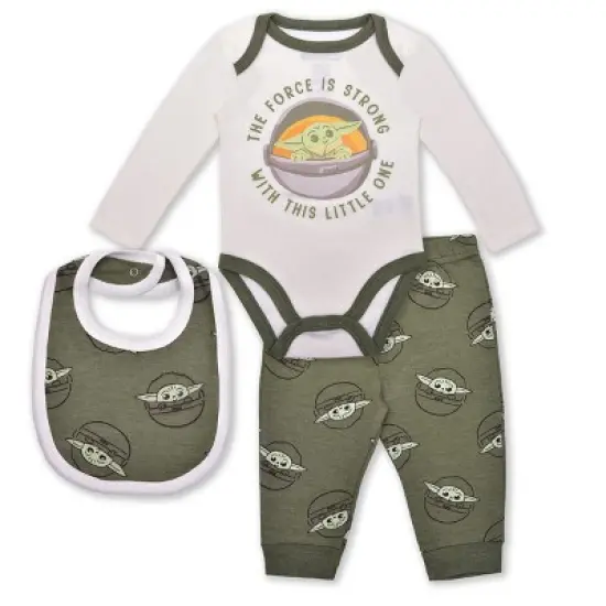 Star Wars Infant Boy's 3 Piece Coordinates, Baby Yoda Graphic Printed Long Sleeve Bodysuit Creeper, Bib, and Jogger Pants Set for infant image {6}