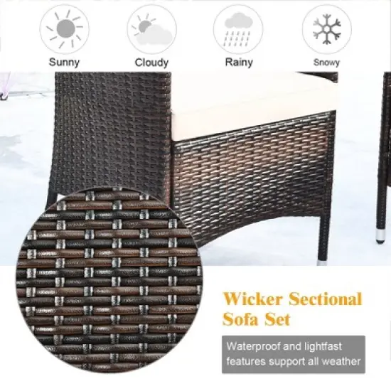 Costway 4PCS Patio Wicker Furniture Set Sofa Chair with Brown & Grey Cushion Covers Garden image {5}
