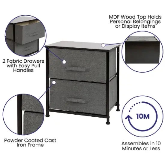 Emma and Oliver 2 Drawer Storage Stand with Wood Top & Dark Fabric Pull Drawers image {2}