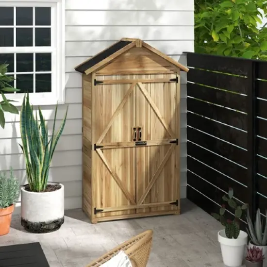 Outsunny Outdoor Storage Cabinet with Asphalt Roof, Wooden Garden Shed with Lockable Doors and Shelves, Wood Tool Shed for Backyard, Patio, Natural image {2}