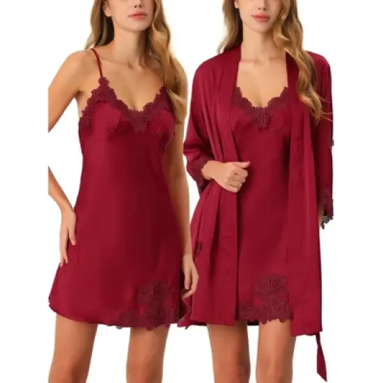 cheibear Womens Satin Pajama Silk Nightgown Lounge Nightdress with Robe Sets image {12}