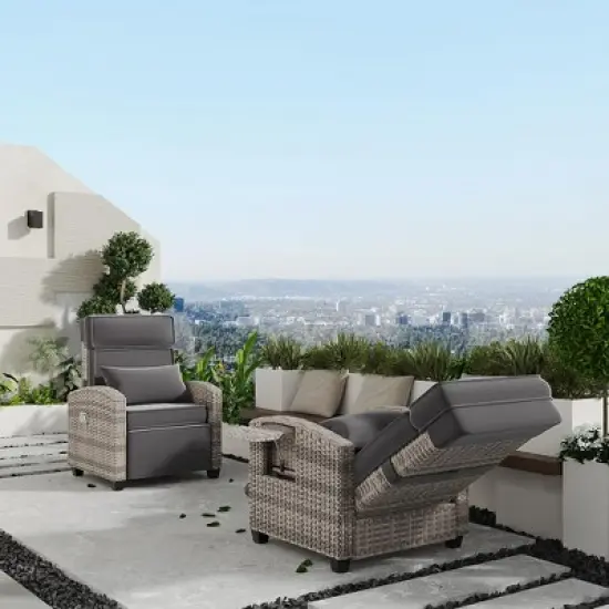 Garvee Outdoor Recliner Chair, Rattan Lounge Chair with Adjustable Backrest & Footrest, 150&deg; Lay Flat, Flip-Up Table, Removable Cushion image {4}