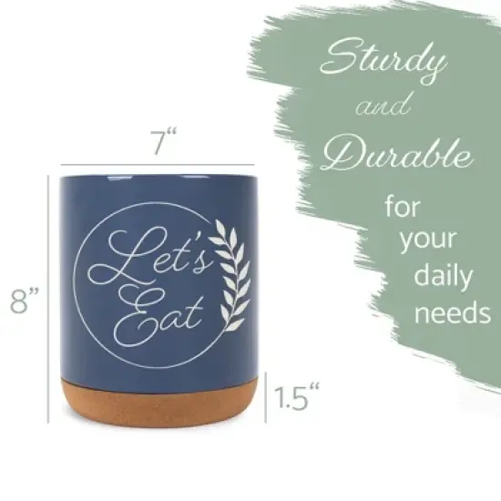 Elanze Designs Let's Eat Laurel Wheat Ceramic Cork Bottom Navy Blue Large Capacity Utensil Holder Crock for Countertop Storage, Stylish & Durable for image {1}
