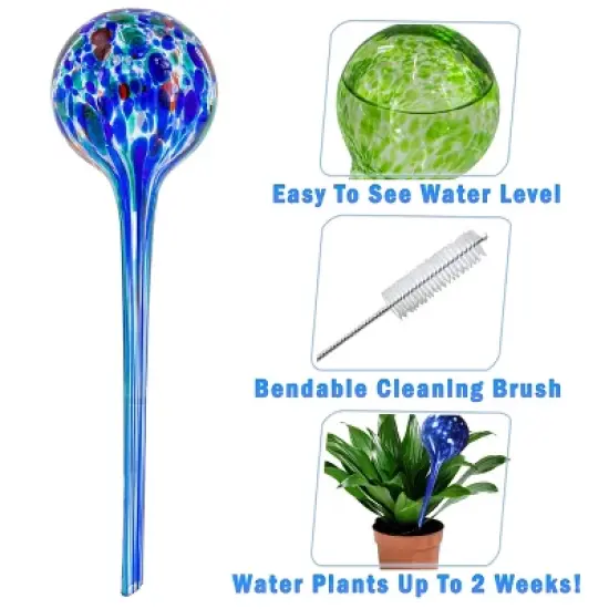 5 Star Super Deals Large Aqua Glass Plant Watering Globes - Automatic Self Watering System Insert Spikes Indoor/Outdoor Plant Drip Irrigation 4pc Set image {1}