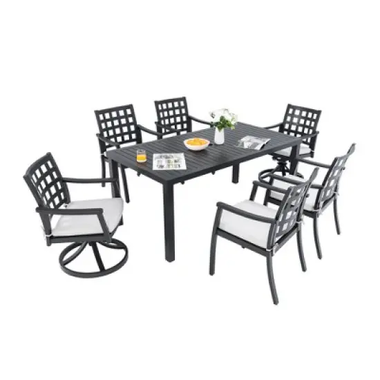 DOMETOUR 7Pcs Modern Classic Outdoor Patio Dining Set, a Table, Six Chairs (4 Stationary, 2 Swivel Rockers), Rust-Free, Weather-Resistant image {8}