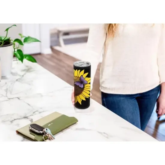 Be Bold Be Bright Be Your Bright Yellow Sunflower with Purple Butterfly 20 ounce Stainless Steel Travel Tumbler with Lid For Your On The Go Beverages image {3}