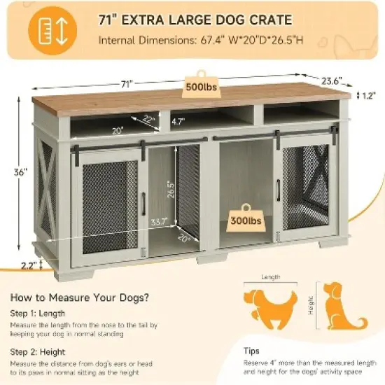 COZONY 71 Inch Dog Crate Furniture for 2 Dogs with Sliding Barn Door TV Stand Kennel 3 Storage Compartments, White image {1}