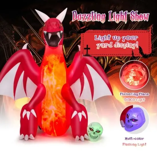 Costway 8 FT Halloween Inflatable Red Dragon with Wings & Skull Holiday Decoration Light image {6}
