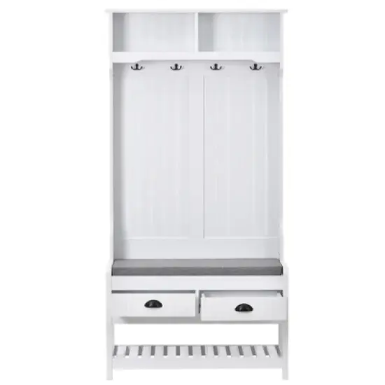 68.9" Multifunctional Hall Tree - Entryway Organizer with Coat Rack, Shoe Storage & 2 Drawers, White image {5}