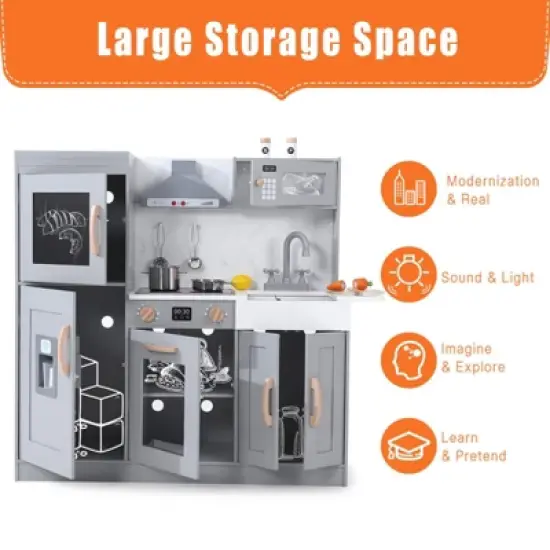 Wooden Chef Kitchen Playset w/ 20-Piece Cookware & Immersive Realistic Lights/Sounds - Interactive Role-Play for Kids image {5}