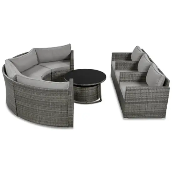 FIONECA 9-Piece Half-Moon Patio Sofa Set, Outdoor Round Wicker Sectional with Coffee Tables & Cushions, Gray image {9}