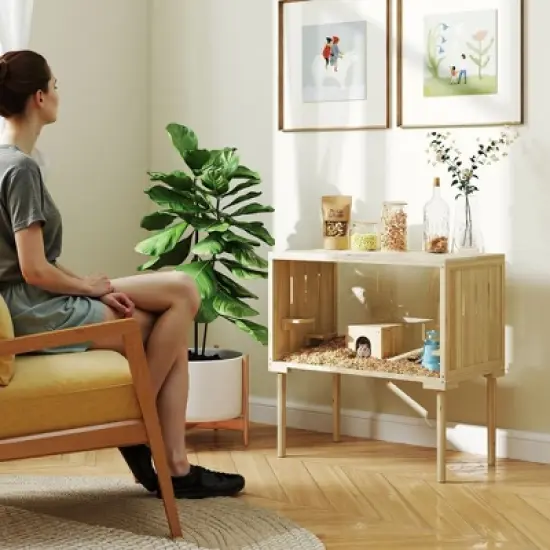 PawHut Wooden Hamster Cage with Legs, Gerbil Cage with Seesaw, Hut, Water Bottle & Food Dish, Hamster Habitat for Syrian, Dwarf, Mouse, Nature Wood image {2}